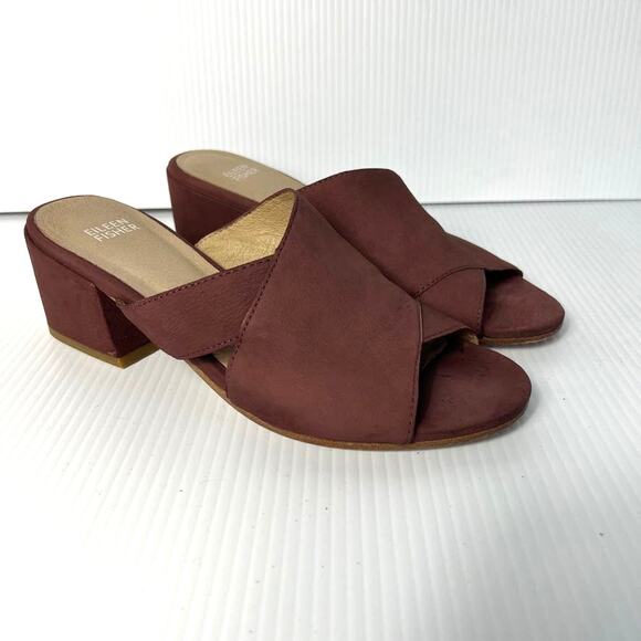 Eileen Fisher Slip On Block Heel Slides Sandals Mules Mauve Taupe Red US 7.5 - Picture 1 of 8